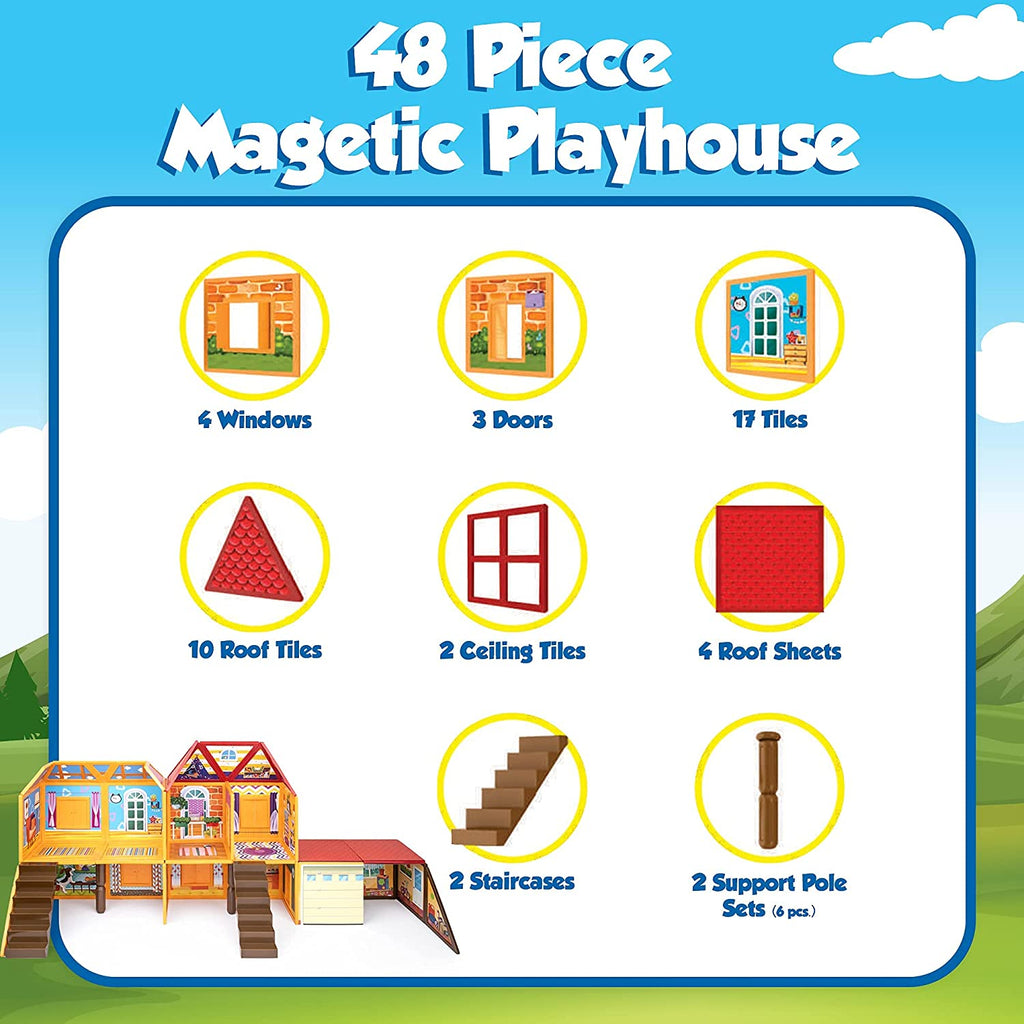 Playmags Magnetic Building Toy, Playhouse Building Set, 48 Magnetic Tiles, Play and Build Playhouse for Kids