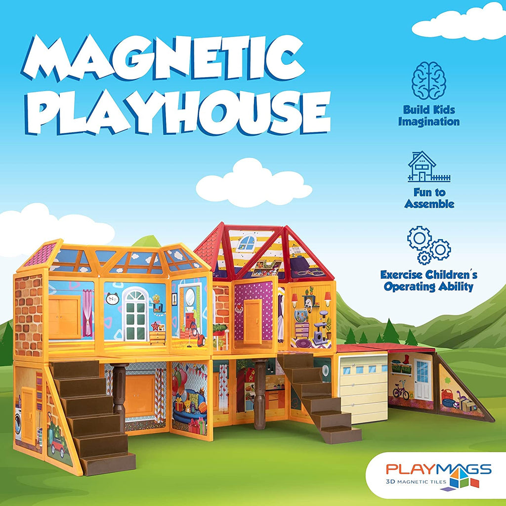 Playmags Magnetic Building Toy, Playhouse Building Set, 48 Magnetic Tiles, Play and Build Playhouse for Kids