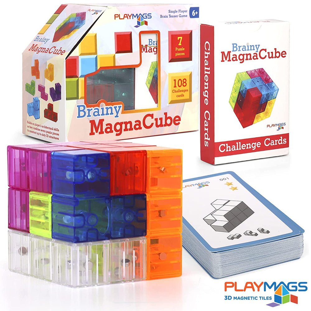 Playmags Brainy Cube with Brainy Cube Challenge Cards, Building Blocks for Creative Open-Ended Play, Educational Toys for Children Ages 8 Years +.