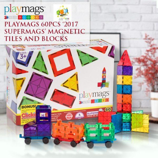 60PCS Playmags 3D Clear Colour Genuine Magnetic Tiles Supermags + 6 ABC Clickins (New 2019-'20 version)